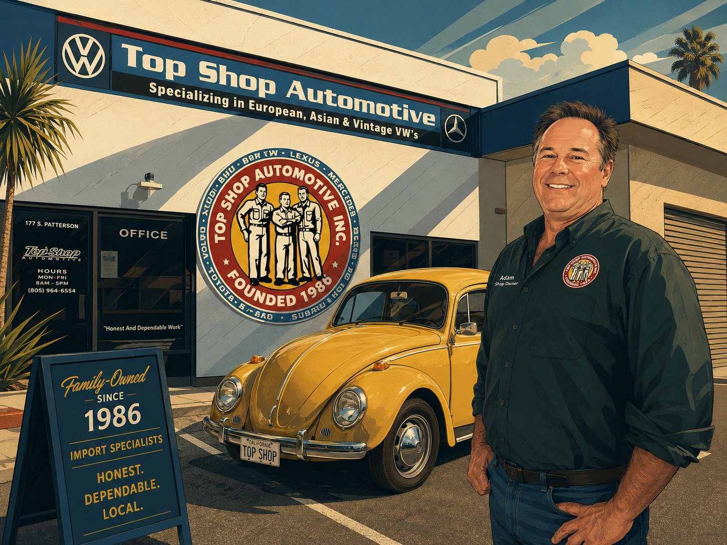 Top Shop Automotive storefront on Patterson Ave with a vintage yellow VW Beetle out front