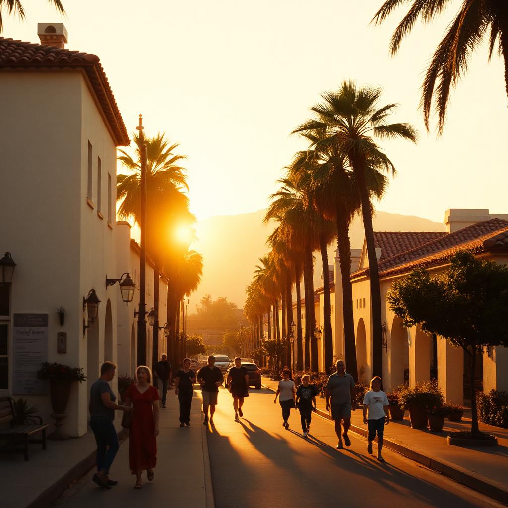 Downtown Santa Barbara street with red-tile-roof Spanish colonial buildings and palm trees
